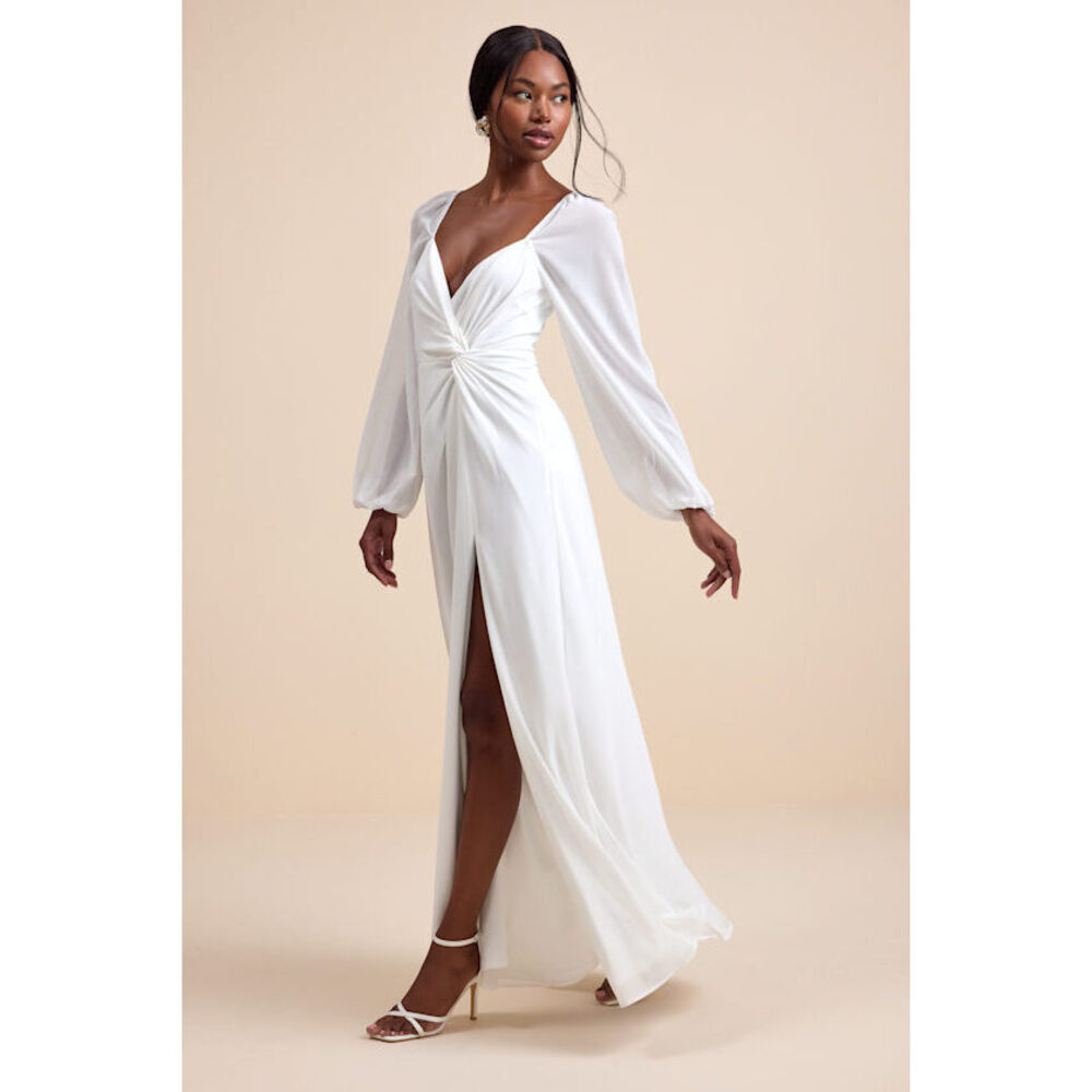 Lulus Composed Soiree White Twist-front Long Sleeve Maxi Dress - Size L